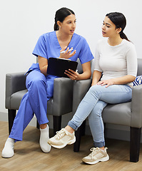 Image showing Clipboard, doctor and woman in clinic office, healthcare service and talking, questions or women consultation. Consulting, checklist and nurse or people helping, medical advice or insurance survey