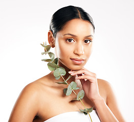 Image showing Woman, portrait and plant for natural healthcare, skincare or beauty against a white studio background. Face of female person or model with green leaf, leaves or dermatology for sustainability