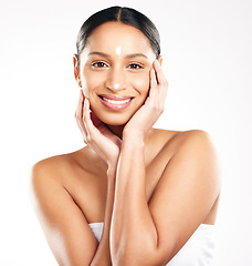 Image showing Happy woman, portrait and cream for skincare, beauty or cosmetics against a white studio background. Female person with smile for product, lotion or skin creme in dermatology for facial treatment