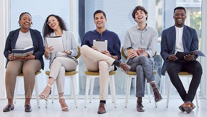 Image showing Diversity, portrait of businesspeople sitting and happy waiting in a office at their workplace. Multicultural or corporate, collaboration and smiling colleagues sit on chairs in a boardroom at work