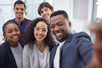 Image showing Business people, selfie and group with corporate, staff and teamwork with startup, memory and diversity. Portrait, coworkers or men with women, social media or collaboration with partnership or smile