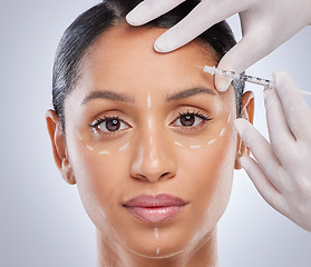 Image showing Portrait, aesthetic and botox with woman and injection for plastic surgery, dermatology and beauty. Pattern, filler and medical with model and syringe on grey background for collagen and cosmetics