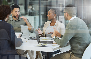 Image showing Meeting, collaboration and business people in discussion in the office while working together. Teamwork, planning and group of employees brainstorming with technology for a project in the workplace.