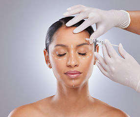 Image showing Plastic surgery, face and botox with woman and injection for aesthetic, dermatology and beauty. Pattern, filler and medical with model and syringe on grey background for collagen and cosmetics