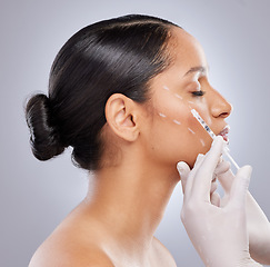 Image showing Profile, filler and botox with woman and injection for plastic surgery, dermatology and beauty. Pattern, aesthetic and medical with model and syringe on grey background for collagen and cosmetics