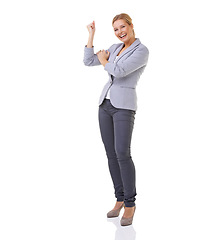 Image showing Celebrating her success. A beautiful woman with her arms raised - isolated.