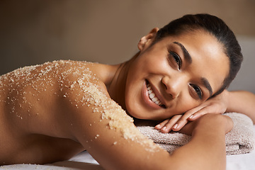 Image showing Portrait of happy girl, body scrub or massage to relax for zen resting or wellness physical therapy in spa. Smile, face or female client in salon to exfoliate for luxury skincare treatment or beauty