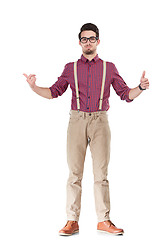 Image showing Man, isolated and Shaka hand sign, portrait and deal, sale and hipster nerd style with glasses. Male person, geek fashion and call me gesture and positive news on transparent png background