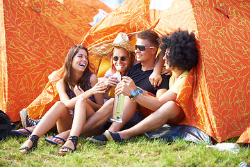 Image showing Friends forever. Shot of a group of friends by the campsite at an outdoor festival.