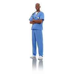 Image showing Doctor, black man and male nurse in healthcare and trust on a png, transparent and mockup or isolated background. Portrait of a confident man, medical professional or surgeon ready for health or care