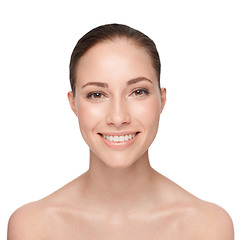 Image showing Skincare, beauty and face of a woman with a happy smile, teeth and clean skin on a png, transparent and isolated or mockup background. Portrait of good hygiene, health and dental care or wellness