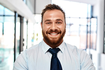 Image showing Doing business with a big smile on his face. Portrait of a young businessman standing in an office.