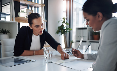 Image showing Were going over the fine print together. Cropped shot of two attractive young businesswomen filling out paperwork together inside an office.