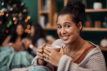 Image showing The most chilled season of the year. Shot of a beautiful young woman enjoying a warm beverage with her friends in the background during Christmas at home.