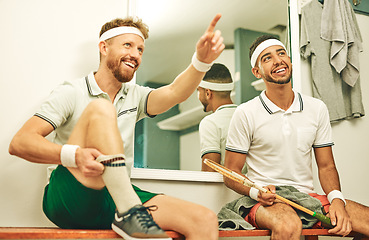 Image showing See the top Thats where were headed. Shot of two young men chatting in the locker room after a game of squash.