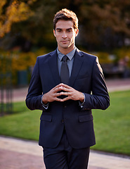 Image showing The future is looking bright. Portrait of a handsome and stylish businessman standing in a city park.