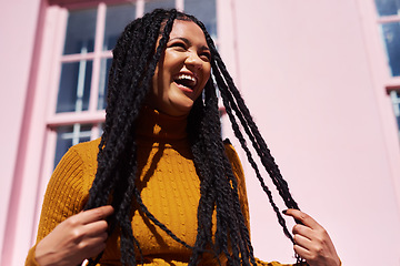 Image showing Focus on the good. Shot of a beautiful young woman posing against a pink wall.