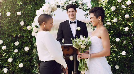 Image showing Love, marriage and lgbtq with lesbian couple at wedding for celebration, happy and bride pride. Smile, spring and ceremony with women at event for partner commitment, queer romance and freedom