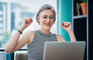 Image showing Take the chance whether youll succeed or not. Shot of a businesswoman looking cheerful while using her laptop.