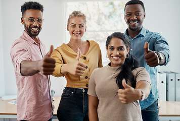 Image showing Climbing our way up the business ladder. Cropped portrait of a diverse group of businesspeople standing together and making a thumbs up gesture in the office.