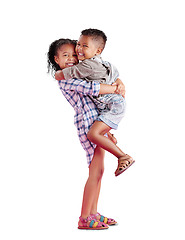 Image showing Love, smile and sister with brother, hug and portrait isolated against a transparent background. Face, siblings or children embrace, happiness and cheerful with quality time, png and bonding with joy