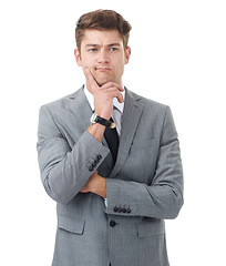 Image showing Making a business decision. A handsome young businessman isolated on white.