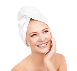 Image showing Beauty unmeasurable. Studio shot of a young woman with her head wrapped in a towel isolated on whiteBeauty u.