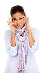 Image showing Headache, mental health and a woman with stress or pain while frustrated with anxiety and depression. Female feeling burnout fatigue, sick or brain fog problem isolated on a white background