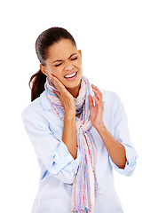 Image showing Dental, toothache or pain with a black woman in studio isolated on a white background for oral hygiene. Teeth, gums or cavity and a female holding her jaw at a dentist on blank space with tooth decay