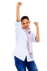 Image showing Winner, portrait and success celebration of woman in studio isolated on a white background mock up. Winning, achievement and happy young female fist pump celebrating goals, targets or lottery victory