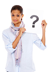 Image showing Confused, question mark and portrait of a woman with a paper isolated on a white background. Marketing, sign and person advertising a brand with a surprise decision on poster on a studio background