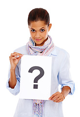 Image showing Happy, question mark and portrait of a woman with a paper isolated on a white background. Marketing, sign and person advertising a brand with a surprise decision on poster on a studio background