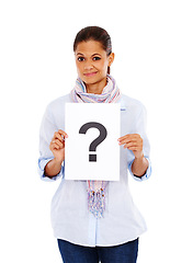 Image showing Question mark, marketing and portrait of a woman with a poster for branding isolated on a white background in studio. Paper, decision and employee confused about advertising a question on a sign