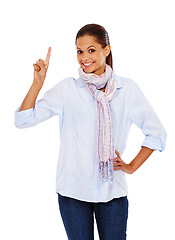 Image showing Woman, portrait and hand pointing up on isolated white background at promotion mockup or marketing space. Smile, happy and fashion model and showing hand gesture at sales, deal or advertising mock up