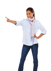 Image showing Happy woman, hands or pointing on isolated white background on interface design or touch technology mockup. Smile, model or choice hand gesture for ai abstract innovation or augmented reality mock up