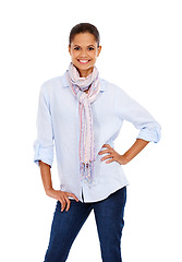 Image showing Portrait, fashion and advertising with a model black woman in studio isolated on a white background standing hand on hip. Marketing, stye and attitude with an attractive young female on blank space