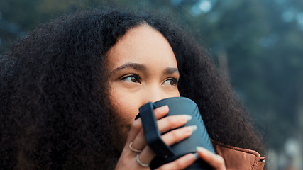 Image showing Thinking, nature and a woman with coffee on vacation, relax and camping in the woods. Calm, idea and a young girl drinking tea in the morning in a forest during a holiday in winter for travel