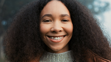 Image showing Portrait, face and a happy woman outdoor in nature to relax and breathe fresh air. Vacation, calm woods and closeup of a young african girl on holiday or hike on misty morning with a confident smile