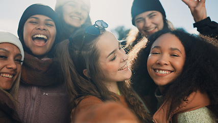 Image showing Selfie, video and peace with hiking friends together in the forest or woods to explore for adventure. Portrait, photograph and a group of women outdoor in the wilderness for bonding in nature