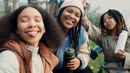 Image showing Selfie, group of happy friends and camping adventure, hugging together with diversity and friendship. Smile on face, photography and women on nature camp to relax, laugh and outdoor winter vacation.