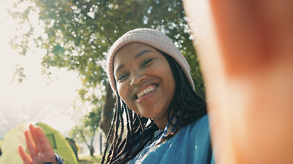 Image showing African woman, video call and camping in nature with talk, point and face with tent, forrest and holiday. Black student girl, influencer and live streaming on social media app for adventure in woods