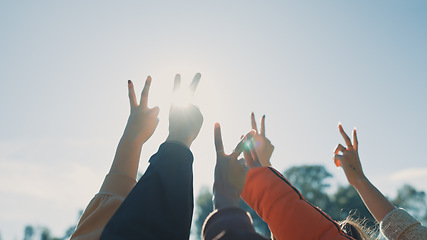 Image showing Peace sign, support and hands of friends in nature for community, motivation and teamwork. Partnership, relax and hand gesture with people in outdoors for collaboration, diversity and solidarity