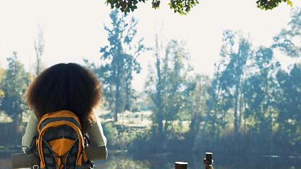 Image showing Back, woman and hiking with nature, wellness or travel with fitness, environment or mountains. Female person, hiker or girl with exercise, forest or walking with health, trekking adventure or journey
