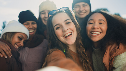 Image showing Group, women and peace sign for selfie in nature with diversity, love and emoji for post on web blog. Female people, photography and profile picture with social media, happy and together for camping