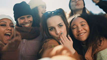 Image showing Selfie, group of happy friends and camping adventure, hugging together with diversity and friendship. Smile on face, photography and women on nature camp to relax, laugh and outdoor winter vacation.