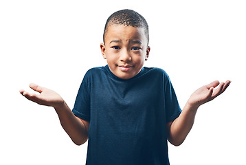 Image showing Portrait, cute and boy with doubt, shrug and decision isolated against a transparent background. Face, male child and young person thinking, confused and kid with a choice, png or question with emoji