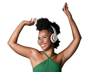 Image showing Dance, black woman listening to music with headphones and freedom isolated against a transparent png background. Motion, happy girl and young African female person streaming podcast or radio sound