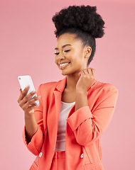 Image showing African woman, phone and studio with thinking, texting or web chat for contact, smile and pink background. Young fashion model, student or gen z girl with smartphone, beauty or ideas for social media