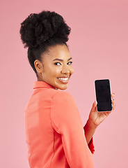 Image showing Portrait of happy woman, phone and screen in studio for contact info, website promo or social media. Cellphone, mobile app and African model on pink background with online announcement, offer or deal