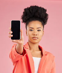 Image showing Portrait of black woman, phone and screen in studio for contact info, website promo or social media. Cellphone, mobile app and model on pink background with online news announcement, offer or deal.